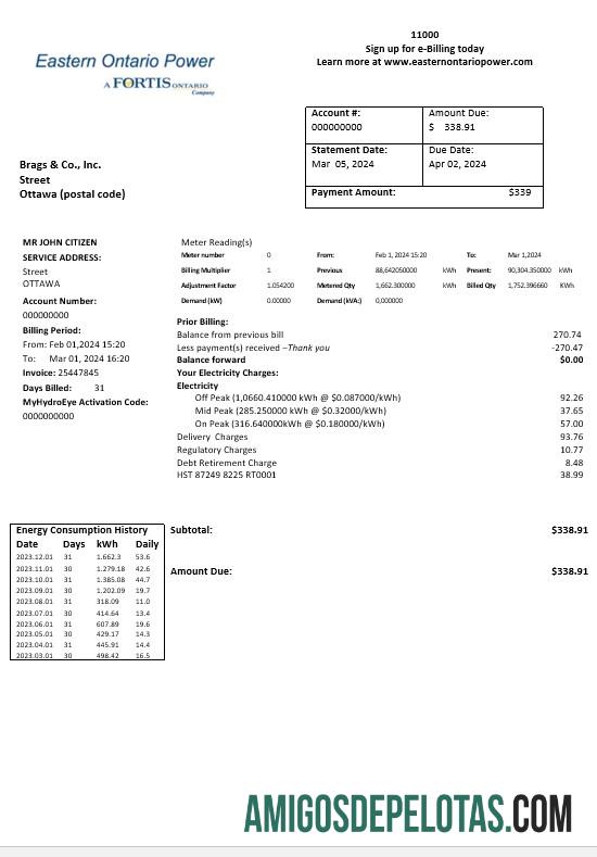 Em branco modelo de conta de serviços públicos de energia do leste de Ontário do Canadá em formatos Word e PDF